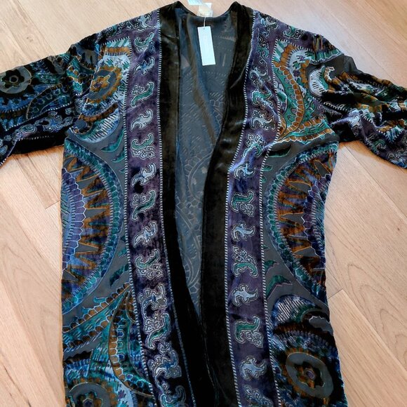 New Chicos Velvet Burnout Kimono Navy Blue Black Boho Western Whimsigoth - Picture 4 of 9